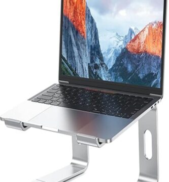 The image features the Besign LS03 Laptop Stand, elevating a laptop to eye level. The stand is constructed from sleek, silver aluminum and has a minimalist design that complements modern workspaces. It is adjustable for various viewing angles and promotes ergonomic posture