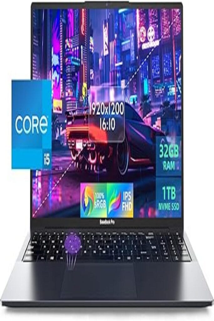 Alt text: "Image showcasing the BHWW Next-Gen Laptop, highlighting its sleek and modern design. The laptop is open, displaying a vivid screen and a chiclet-style keyboard, emphasizing its advanced technology and precision engineering. The branding 'Buffer'