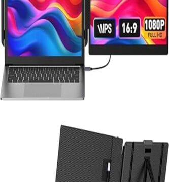 Alt text: "A 14-inch laptop screen extender attached to a laptop, demonstrating enhanced productivity with dual-screen functionality. The extender, shown displaying a colorful interface, provides additional screen space for multitasking and improved efficiency on-the-go."