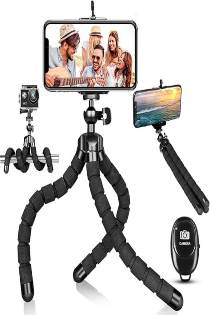 The image features the Pangshi Portable Flexible Tripod, designed for photography enthusiasts. The tripod has a compact and versatile structure with bendable legs, allowing it to adapt to various surfaces for stable camera support. Its lightweight build and flexibility make it ideal for