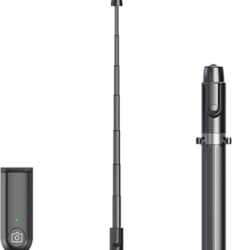 The image shows the AONELAS Selfie Stick Tripod in its compact form. The sleek and modern design features a black and silver color scheme. The tripod has a sturdy base with extendable legs for stability, and a telescopic pole that