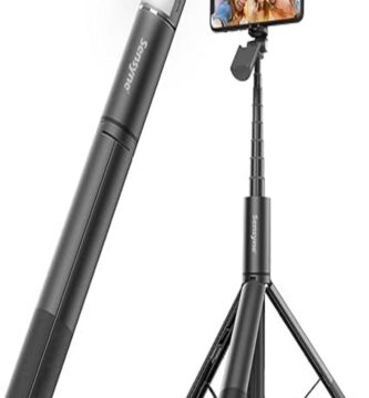 The image features the Sensyne Selfie Stick and Light, designed to enhance selfie photography. The product is displayed against a neutral background, showcasing its sleek and adjustable telescopic arm, a built-in ring light for optimal lighting, and a secure phone holder