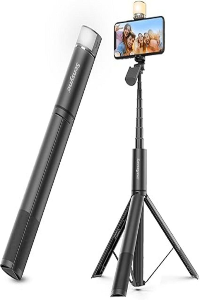 The image features the Sensyne Selfie Stick and Light, designed to enhance selfie photography. The product is displayed against a neutral background, showcasing its sleek and adjustable telescopic arm, a built-in ring light for optimal lighting, and a secure phone holder