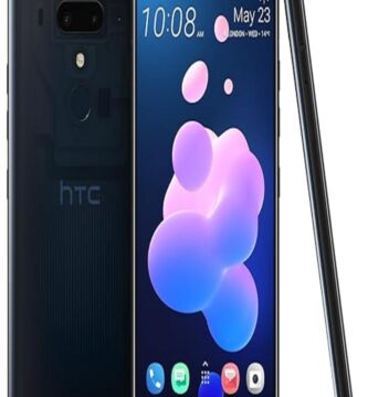 The image features the HTC U12+ smartphone. It showcases the sleek design of the phone with its shiny, reflective body and edge-to-edge display. The smartphone is positioned at an angle to highlight its slim profile and advanced features. The phone screen displays
