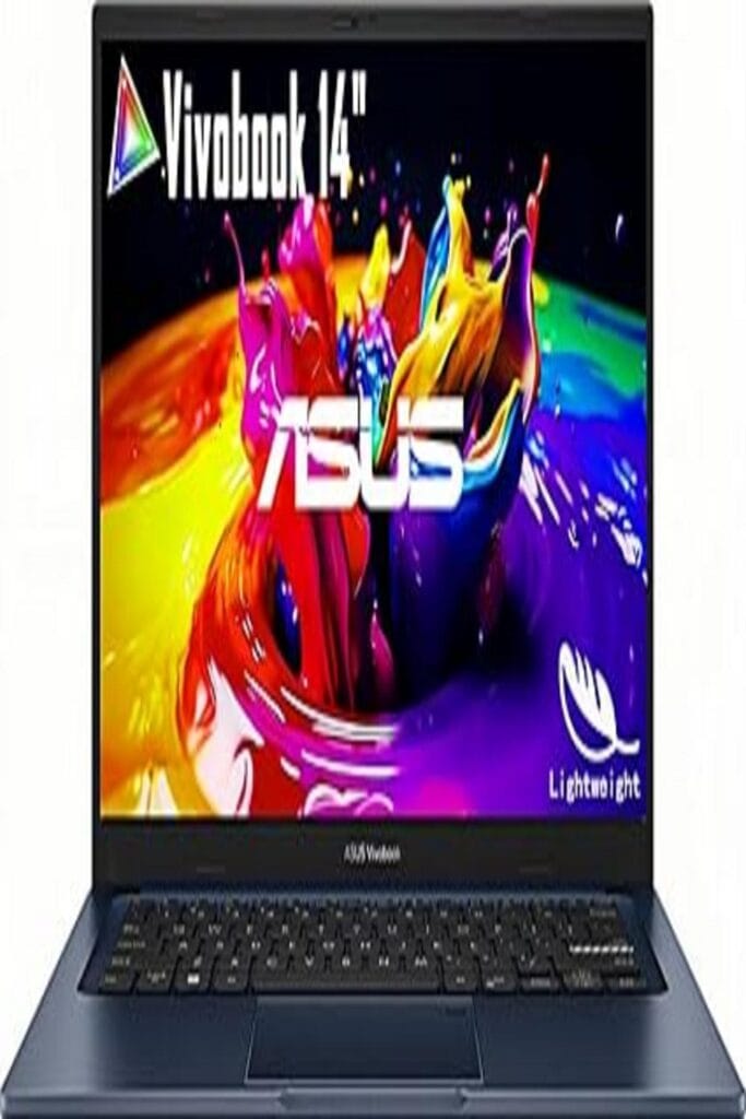 The image shows an ASUS Vivobook 14" FHD Slim Laptop. It features a sleek and modern design with a metallic finish. The screen displays vibrant colors, signaling a high-definition display. The laptop appears lightweight and portable, ideal for on-the