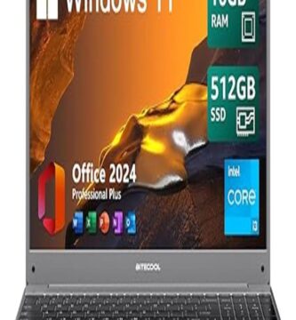 The image showcases a BiTECOOL Windows 11 Laptop. The laptop is open, displaying a vibrant screen with the Windows 11 interface. Its sleek, modern design features a thin bezel and a full-sized keyboard. The background is minimalistic,