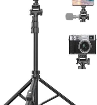 The image showcases the XXZU 61" Phone Tripod. The tripod is extended to its full height, demonstrating its stability and versatility. It features a sleek, lightweight design with adjustable legs and a mount compatible with a variety of smartphones. The tripod