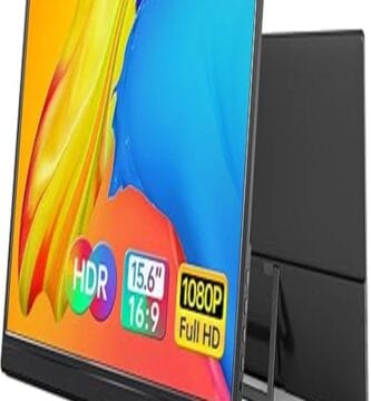 The image showcases the Yxk Portable Monitor, emphasizing its sleek and slim design. The monitor is displayed on a minimalistic desk setup, highlighting its lightweight and compact nature, ideal for enhancing productivity on the go. Its vibrant screen is turned on,
