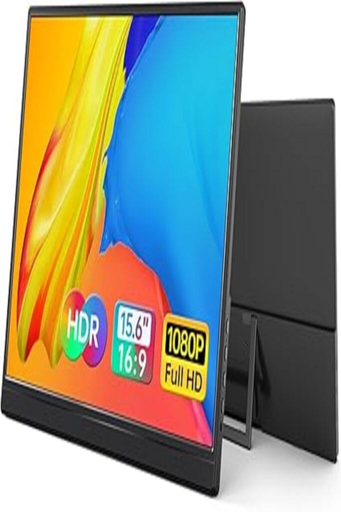 The image showcases the Yxk Portable Monitor, emphasizing its sleek and slim design. The monitor is displayed on a minimalistic desk setup, highlighting its lightweight and compact nature, ideal for enhancing productivity on the go. Its vibrant screen is turned on,