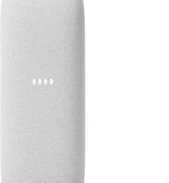 Google Audio Bluetooth Speaker with sleek design and subtle logo on a wooden surface.