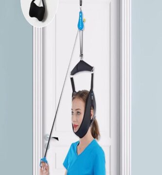 The image features a cervical neck traction device designed for comfort and support. It is shown in a neutral setting, highlighting its ergonomic design and inflatable mechanism. The device is typically made from soft, flexible materials and is meant to be worn around the neck to