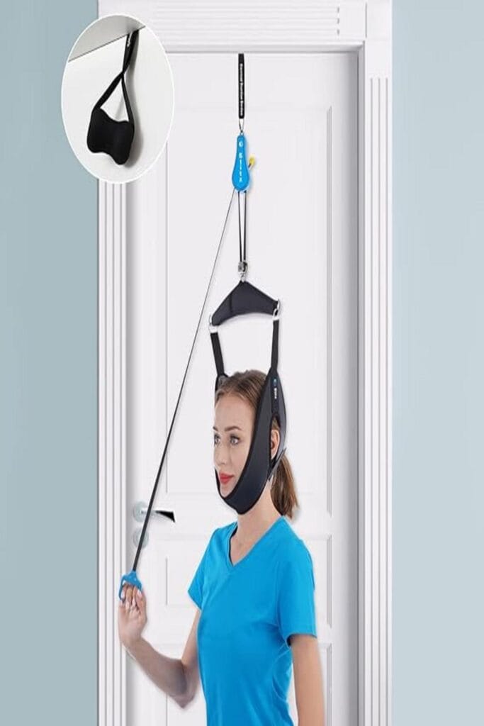 The image features a cervical neck traction device designed for comfort and support. It is shown in a neutral setting, highlighting its ergonomic design and inflatable mechanism. The device is typically made from soft, flexible materials and is meant to be worn around the neck to