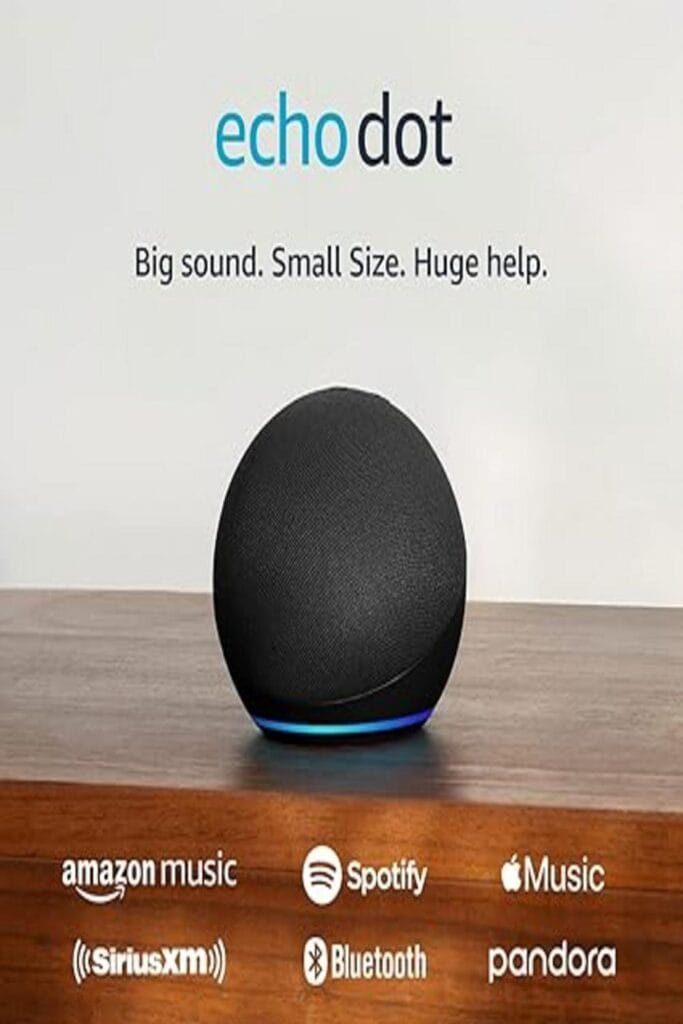 Echo Dot speaker on a table with smart home icons and vibrant soundwaves emanating from it.