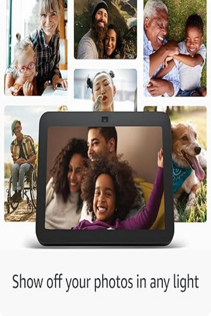 Alt text: "An advertisement for the Amazon Echo Show 8, showcasing the sleek, rectangular smart display with its compact design, high-resolution screen, and minimalist aesthetic, set on a modern kitchen countertop. The device is featured displaying a weather forecast,