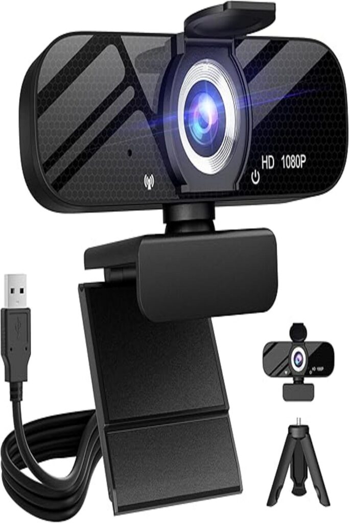 Alt text: "Tewiky Full HD Webcam featuring a sleek black design, mounted on a computer monitor. The webcam is compact, with a built-in microphone and adjustable clip for easy attachment, designed for professional-grade video quality at an affordable price."