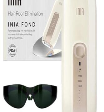"INIA Fond laser hair removal device for smooth skin against a clean, minimal backdrop."