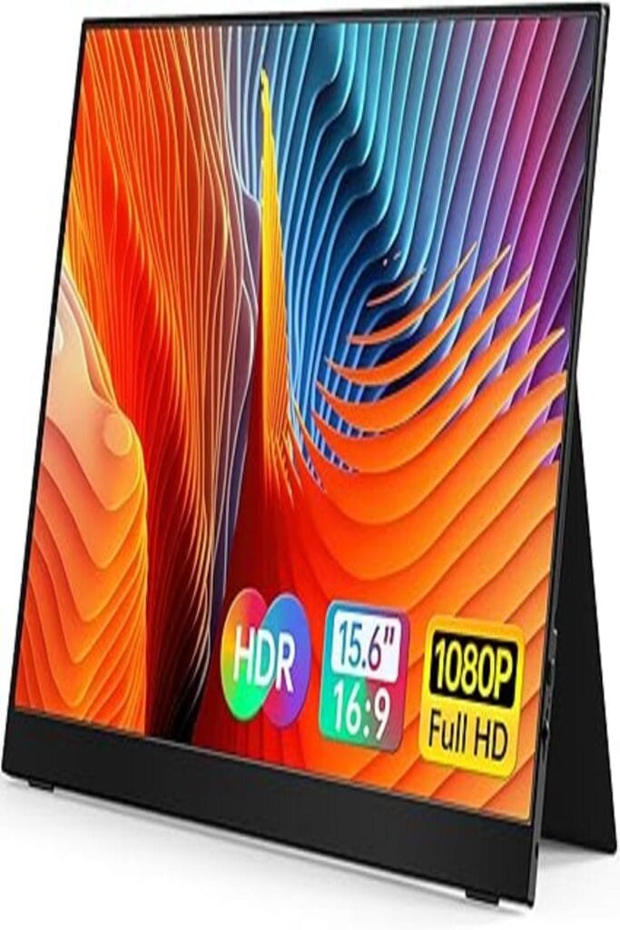 The image features the VILVA Portable Monitor, showcasing its sleek and modern design. The monitor is displayed from an angled perspective to highlight its ultra-thin profile and smooth, dark frame. It appears to rest on a minimalist stand, emphasizing its portability