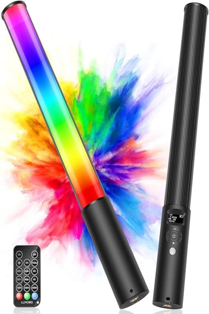 "Colorful RGB video light wand with adjustable brightness and hues, enhancing media production."