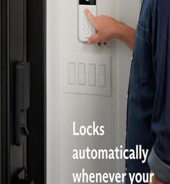 Image of a sleek black SimpliSafe Smart Lock Series 2 on a wooden door.