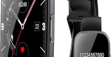 Affordable smart watch with health tracking features on a marble surface.