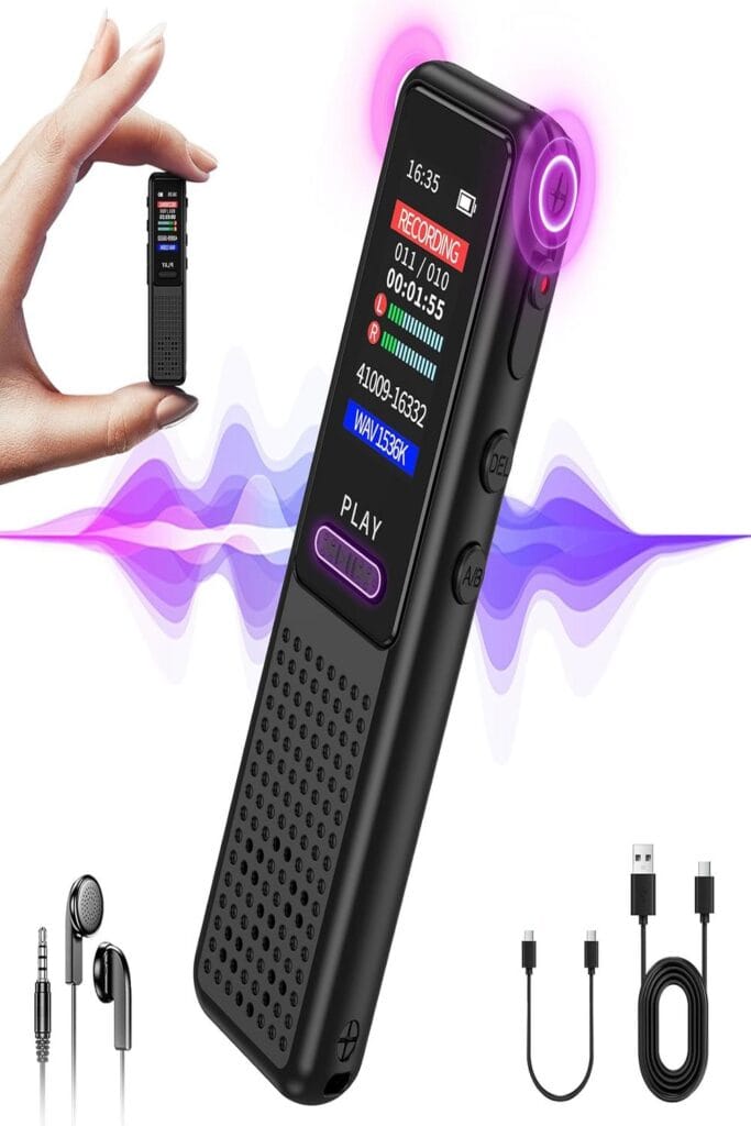 "64GB voice recorder showcasing 8 innovative features on a sleek black background."
