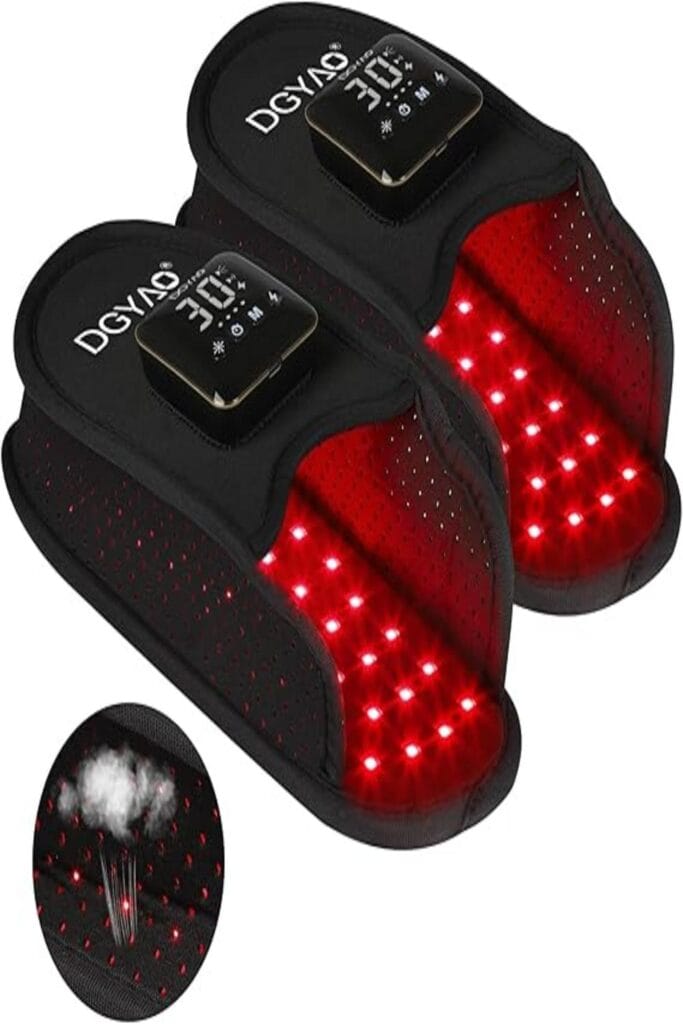 Pair of DGQY Infrared Therapy Slippers for foot pain relief on a soft, neutral background.