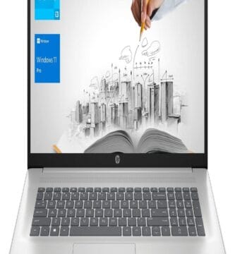 "HP 17 Laptop showcasing 12 professional features on a sleek, modern design."