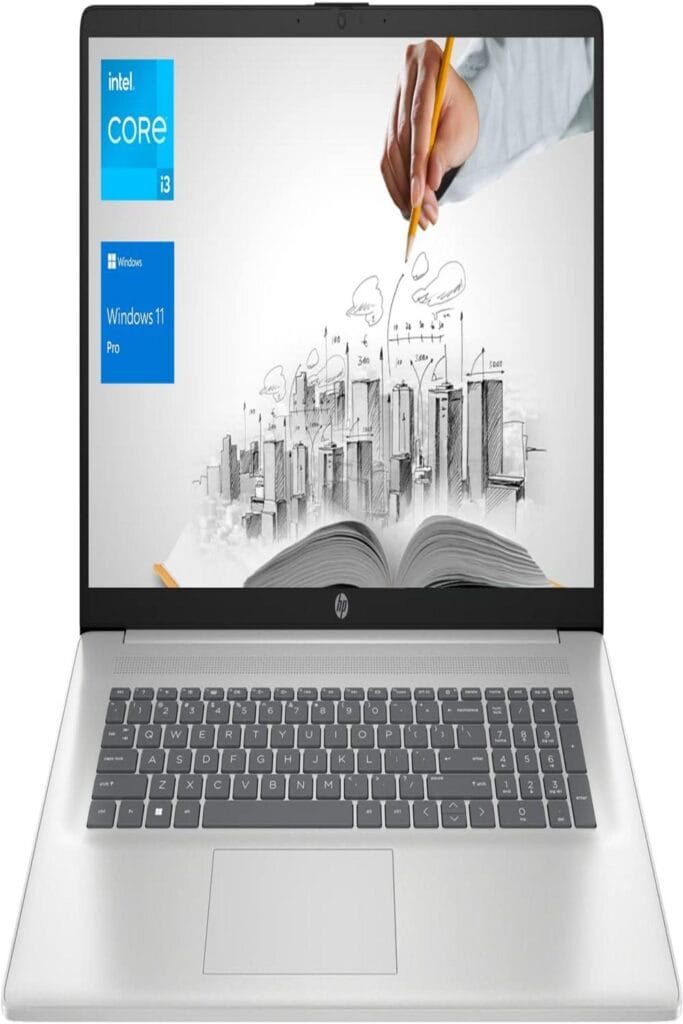 "HP 17 Laptop showcasing 12 professional features on a sleek, modern design."
