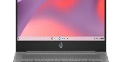 "Open HP 2023 Chromebook with coffee mug, plant, and notebook on a desk."
