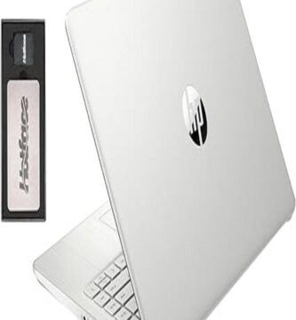 HP Stream 14" Laptop with 10 must-see features displayed against a tech-themed background.