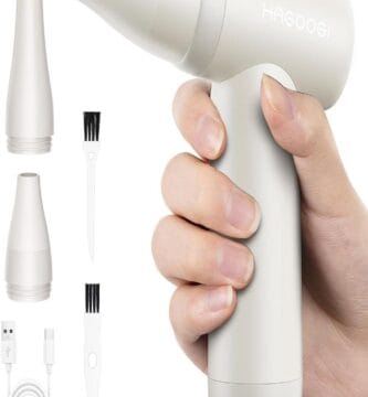 "Orange and white Hagoogi Air Duster with labeled surprising features in text bubbles."