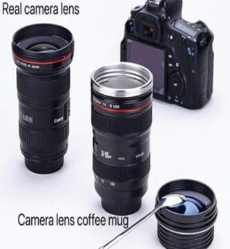 Camera lens mug with lid, realistic design; ideal quirky gift for photography lovers.