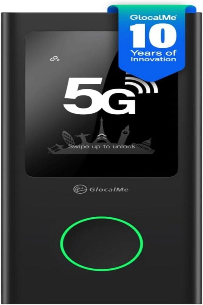 Smartphone with "GlocalMe Numen Air 5G: Your Ultimate Travel Companion" on screen.
