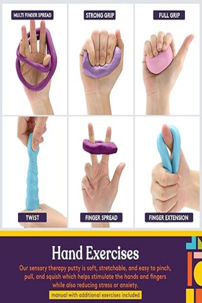 "Therapy putty in various colors for improving hand strength and flexibility"