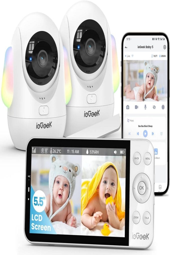 Image of ieGeek Baby Monitor with text listing its 10 game-changing features.