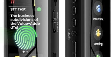 Digital recorder Innioasis R1 with feature highlights on a colorful, tech-themed background.