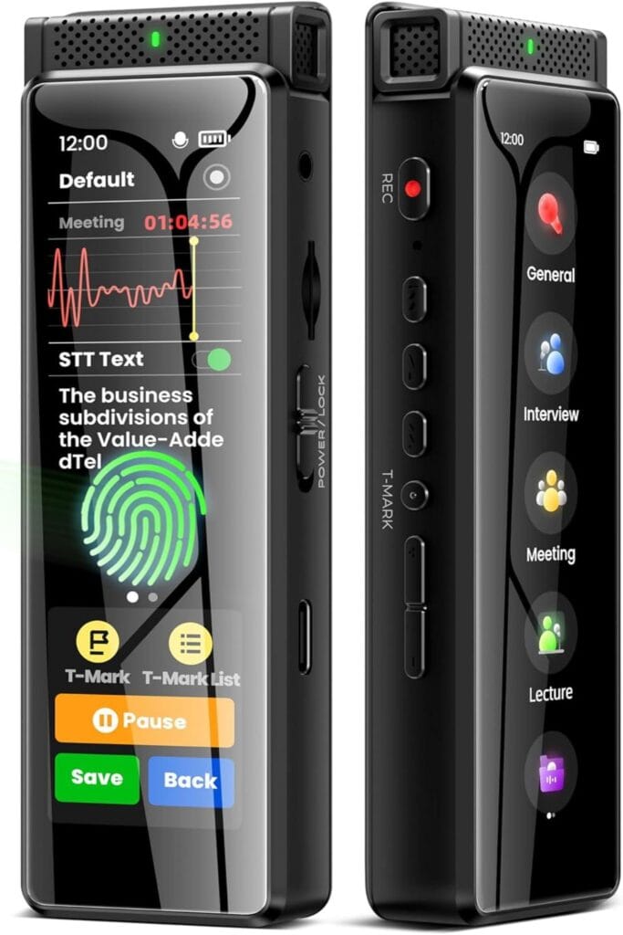 Digital recorder Innioasis R1 with feature highlights on a colorful, tech-themed background.