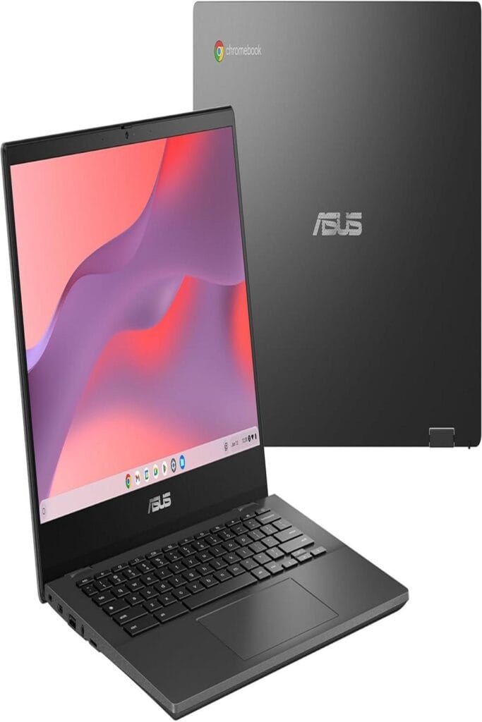 ASUS Chromebook CM14 promo: "8 Reasons to Love It" with sleek design in focus.