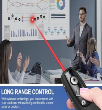 Image of the ELISWEEN E600, a sleek presentation remote with ergonomic design and buttons.