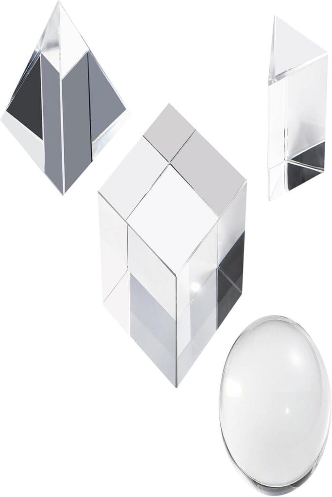 "Crystal prism set showcasing vibrant light refraction and rainbow effects."