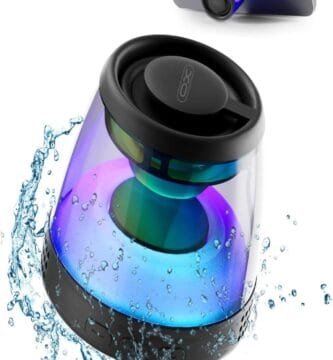 Compact black Bluetooth speaker with magnetic base, highlighted features, and a blue background.