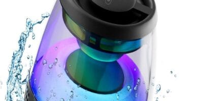 Compact black Bluetooth speaker with magnetic base, highlighted features, and a blue background.