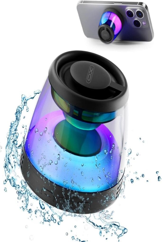 Compact black Bluetooth speaker with magnetic base, highlighted features, and a blue background.
