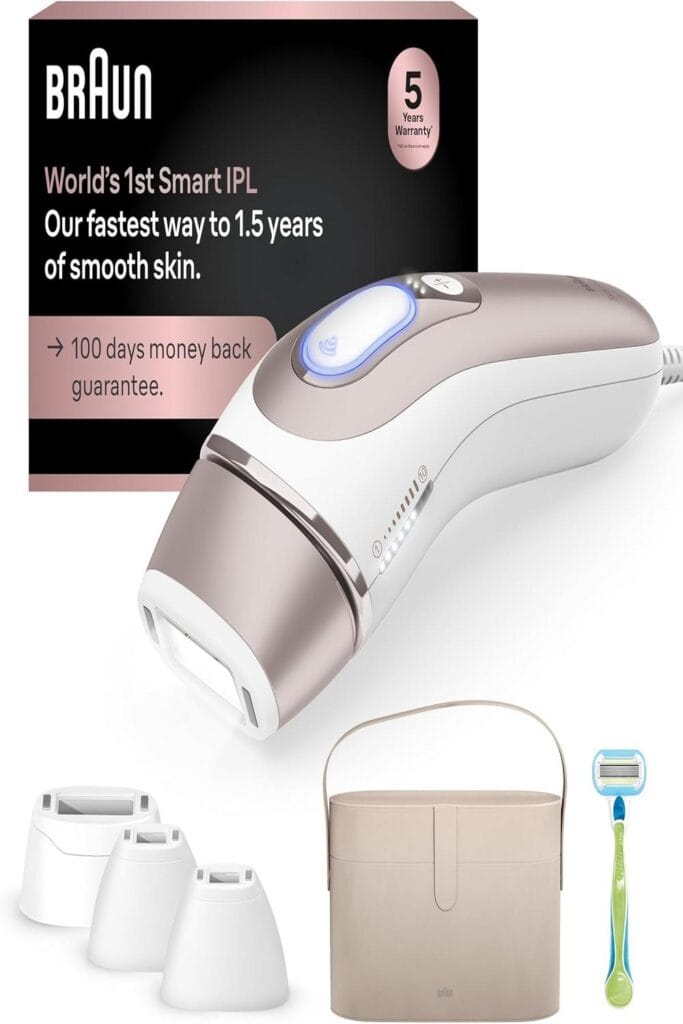 Braun IPL Skin i·expert device with festive holiday decorations in the background.