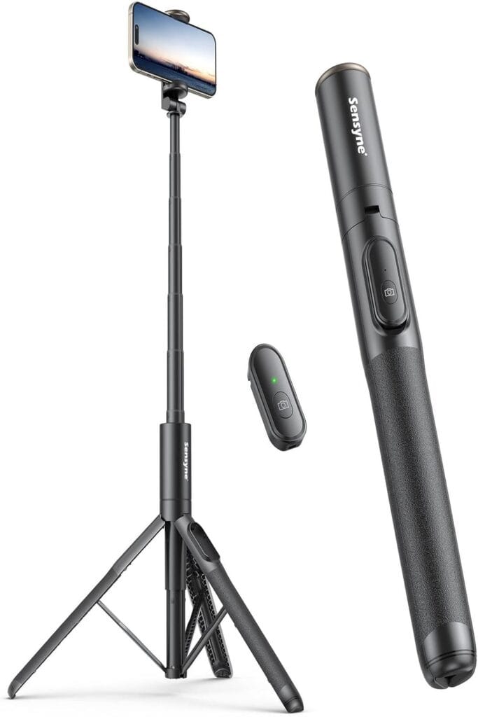 Image of Sensyne 60" Tripod with adjustable legs and smartphone holder.