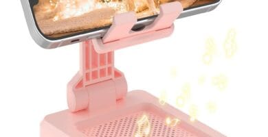 Text reading "8 Features of TechGlow Stand" with a simple, sleek design and tech elements.