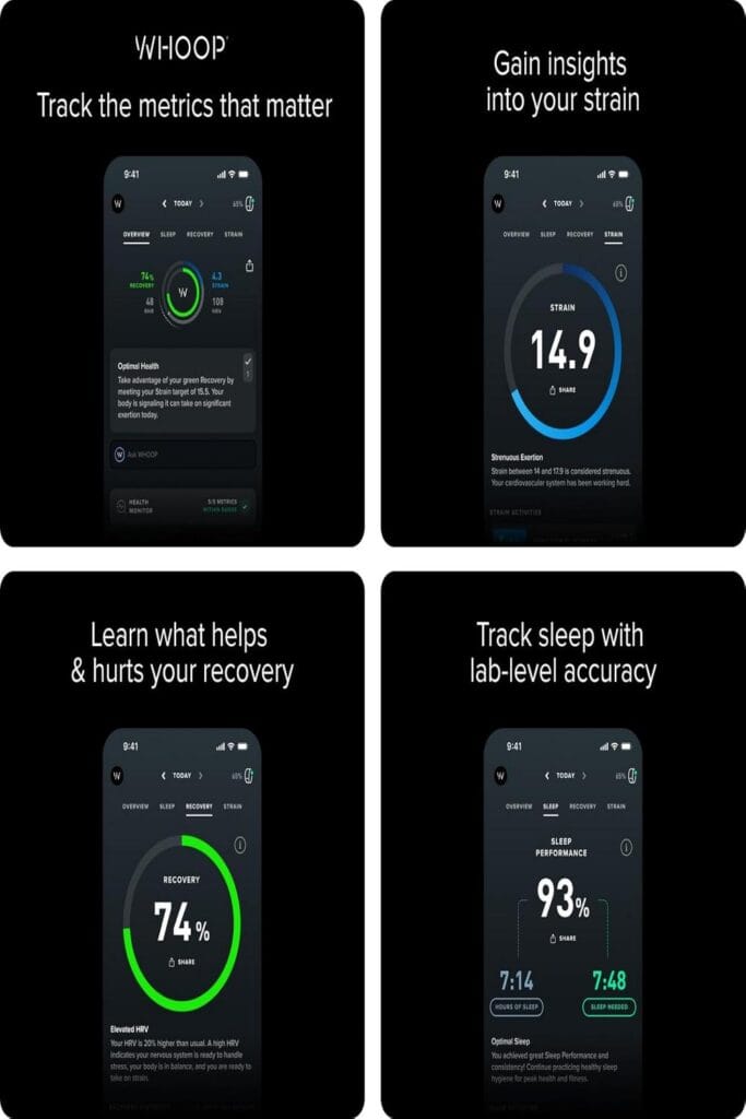 Black WHOOP 4.0 fitness tracker on a wrist, highlighting health tracking features.
