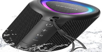 Portable Bluetooth speaker with colorful lights and dynamic sound.