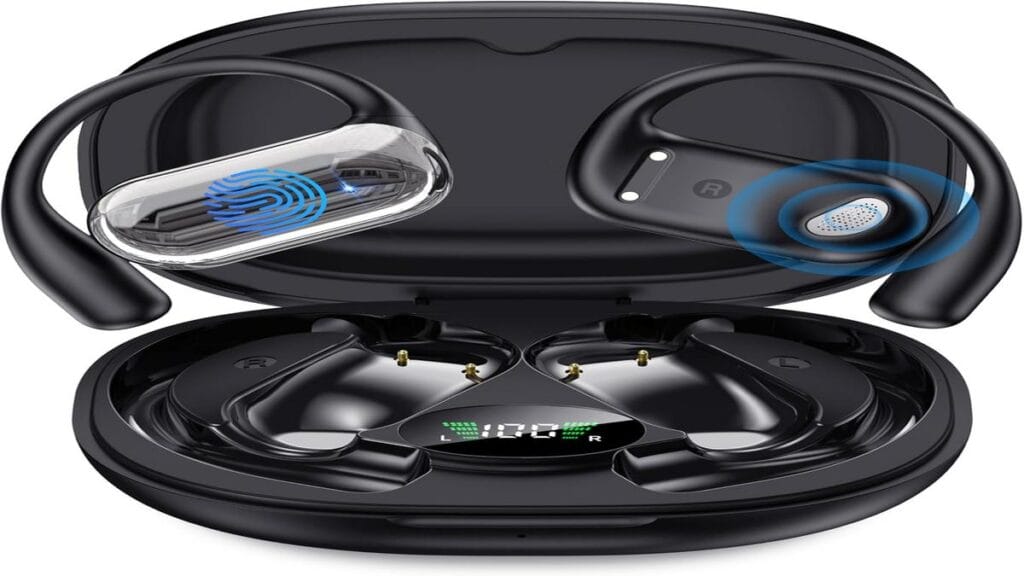 Promotional image for EUQQ Open Ear Earbuds highlighting features for active lifestyles.