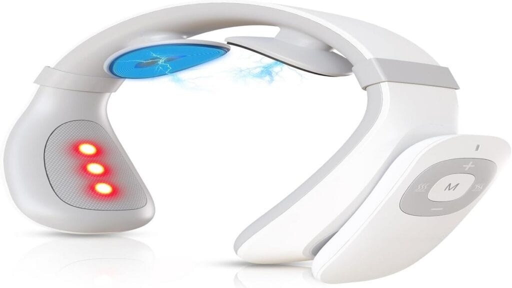 FORTHiQ Neck TENS Massager for quick pain relief with 10 compelling benefits displayed.